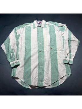 Vintage Tommy Hilfiger Striped Button Down Shirt Green White Mens Small Coastal